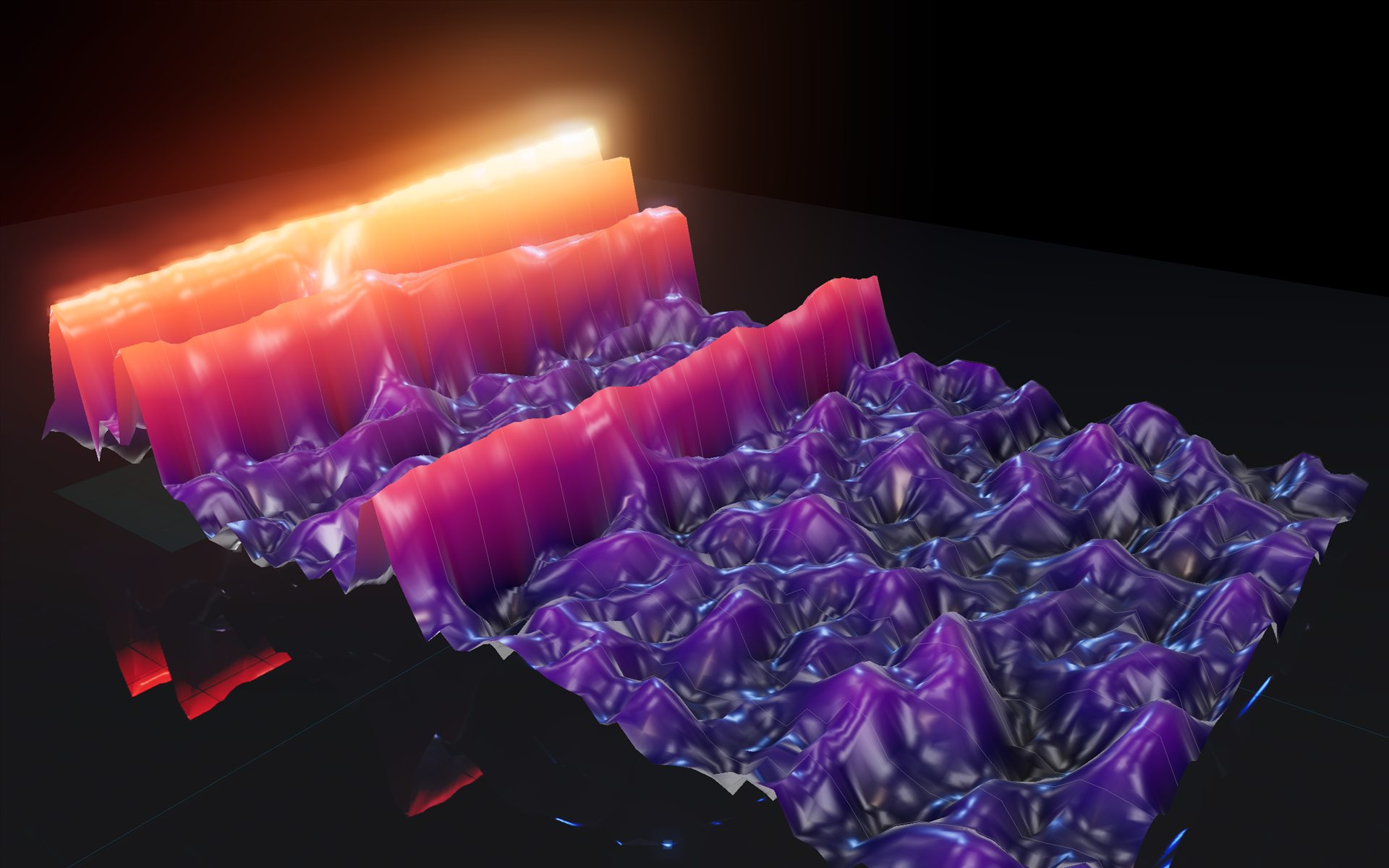 3D spectrogram: glowing gold ridges of 7 Hz and 12 Hz infrasound rising above a violet sound landscape, reflected in a black floor